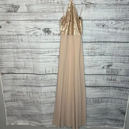 Lulu's Champagne Sequin Maxi Halter Bridal Dress Formal XS Tan