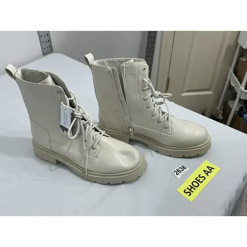 Womans NOBO Sintetico Memory Foam Ivory Lace Up Chunky Heel Combat Boots 10