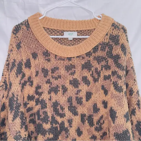 Aerie  Brown Leopard Print Crew Neck Oversized Chunky Knit Sweater size XL