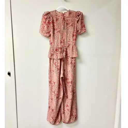 Adriana Degreas Leaf Print Silk Puff Sleeve Ruffle Trim Wide Leg Jumpsuit Pink M Size M