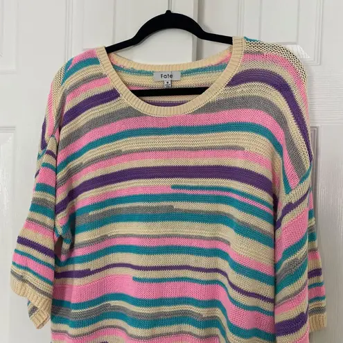 Fate Rainbow Multicolor Striped 3/4 Sleeve Chunky Wide Sleeve Knit Sweater S Pink
