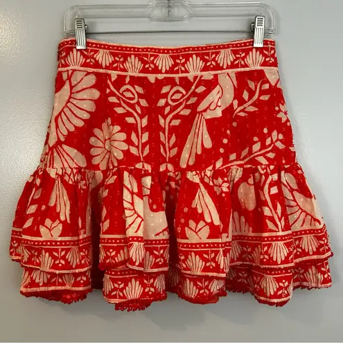 Farm Rio Bright Orange Jungle Floral Tiered Ruffle Mini Skirt Size Medium