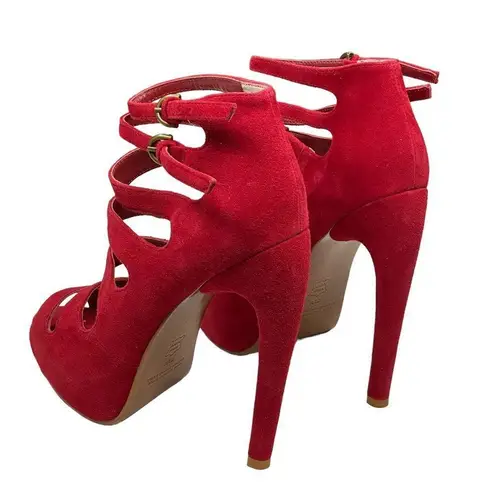 Leon Max ༄ Link Suede Gladiator Stiletto Platforms Heels ༄ Fire Engine Red ༄ 7.5