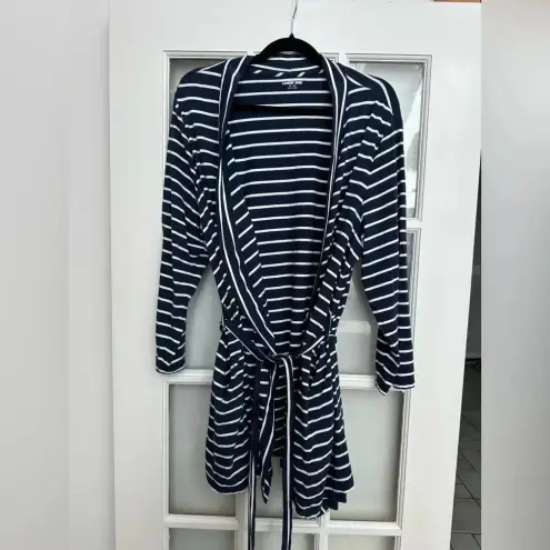 Lands' End Lands’ End Cotton Above Knee Length Robe Deep Sea Navy Stripe Plus Size 1X - 2X