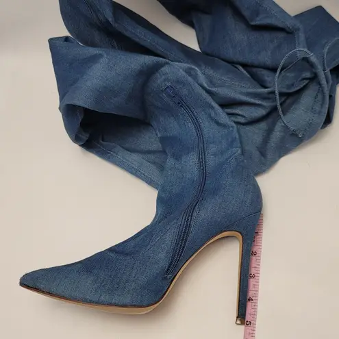 Liliana Womens Blue Denim Thigh High Stretch Stilettos Heels Zip Boots Size 10