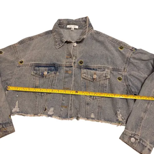 Cloud Ten Women's Size M Smiley Face Patch Cropped Denim Jean Jacket Grunge