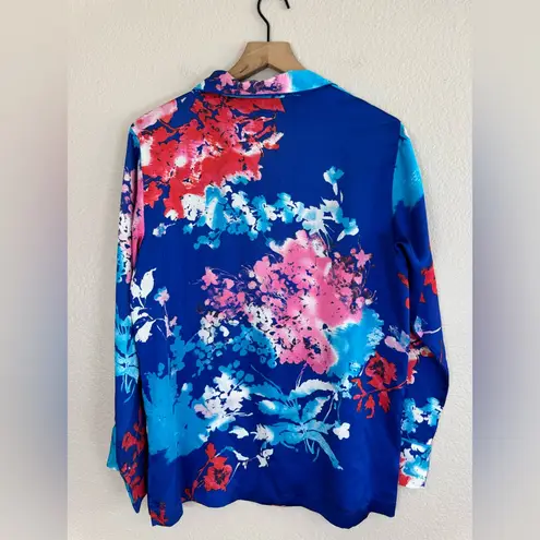 Natori Satin Blue Floral Tsubaki Knotch Long Sleeve Pajamas Shorts Set Medium