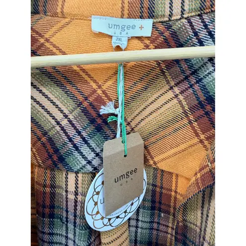 Umgee Plus 2X Mustard Orange Plaid Oversized Shacket Flannel Button Top NWT Yellow Size undefined