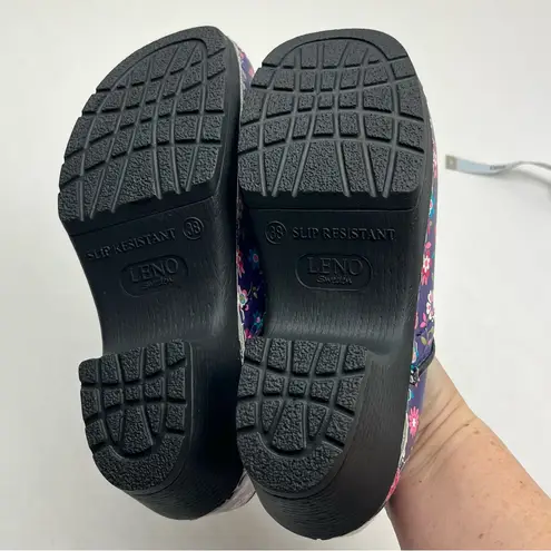 Cape Clogs Leno Sweden Purple Floral Black Leather Slip Resistant SZ 38 US 7.5