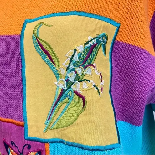 Vintage Rainbow Oversized Medium Knit Embroidered Sweater Patchwork