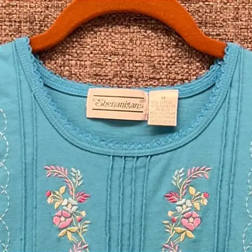 Vintage Embroidered Shirt Medium Cottagecore Floral Feminine Casual Boho Knit Blue