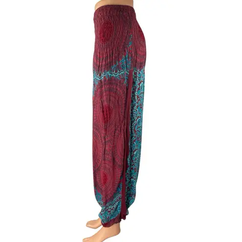 Women's Red Blue Floral Smocked Drapey Tapered Jogger Harem Pants One Size Size undefined