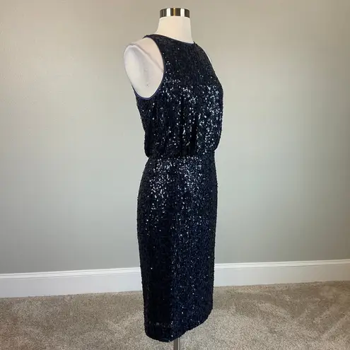 Eliza J Sequined Sleeveless Midi Sheath Cocktail Dress Blue Size 8 Round Neck