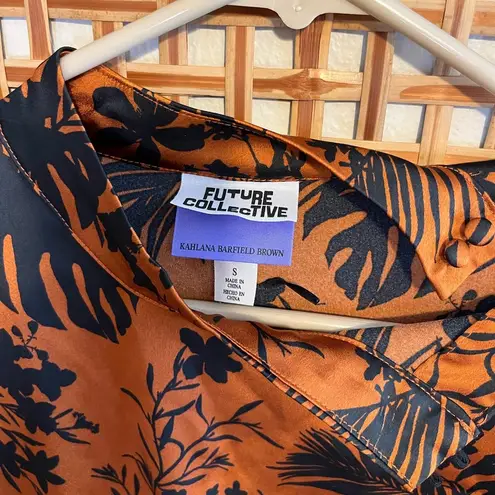 Future Collective Brown Black Floral Button Mock Neck Asymmetrical Midi Dress S - Image 6