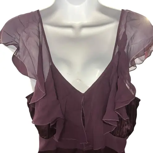 Daisy Fuentes Eggplant Purple Silk Blend Top Ruffle Sleeves V-Neck Blouse Large