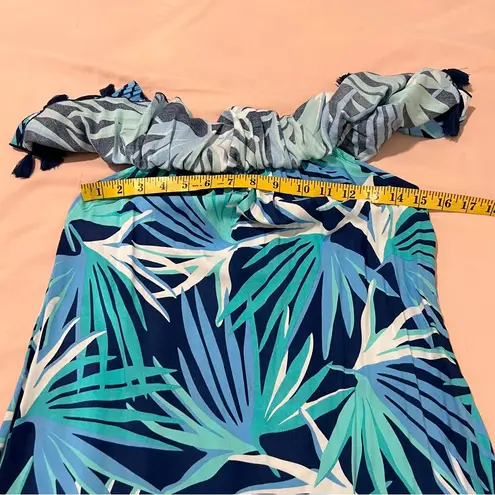 Escapada Living Monica Tassel Dress Blue Tropical Leaf Print Off The Shoulder
