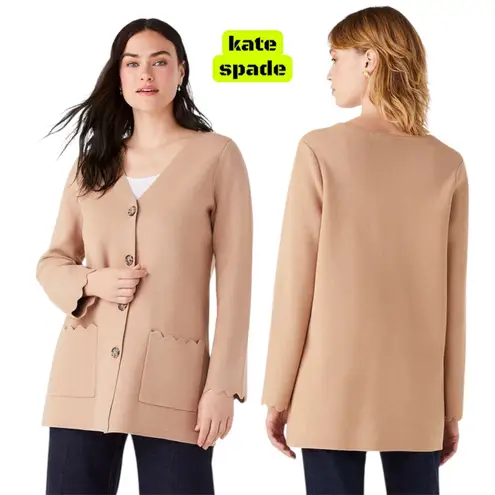 Kate Spade New York Tan Knit Cardigan Sweater Scalloped Pockets Button Front "S"