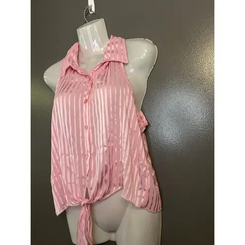 Marianne Blouse Womens Large Pink Sheer Striped Button Up Collared Tie Front Top