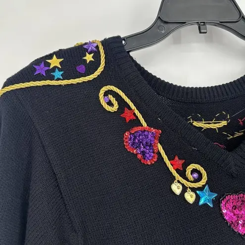Vintage 80s Plain Jane Black Sweater Dress Embellished Sequins Midi Length M Size M