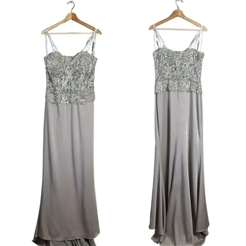 NWOT Montage by Mon Cheri Strapless Beaded Satin Gown Womens 12 Champage Sheer Silver