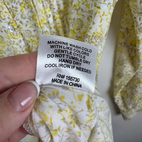 Jane and Delancey Floral Button Down Shirt Large Yellow Pleated Cottagecore Boho