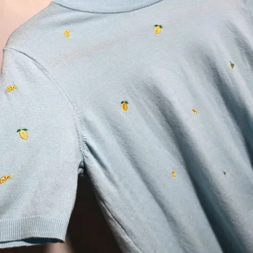 Belldini Blue Lemon Applique Top Womens M Short Sleeve Quirky Twee Preppy Fruit Size M