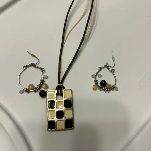 Checkerboard Pendant Necklace & Beaded Hoop Earrings Set Fashion Jewelry Black