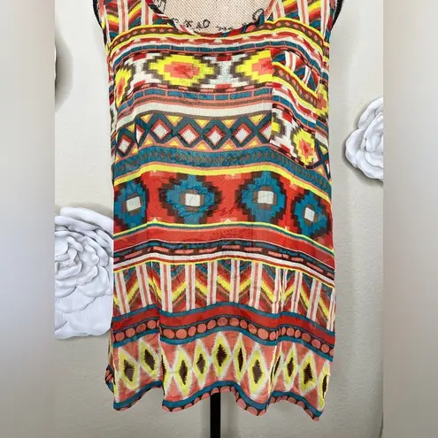 Umgee NTM:  Sleeveless Southwestern Aztec Teal Multicolor Sheer Tank Tunic Size L