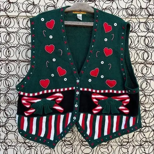 Vintage 90s Ugly Christmas candy cane peppermint stripe hearts sweater vest 2X Green