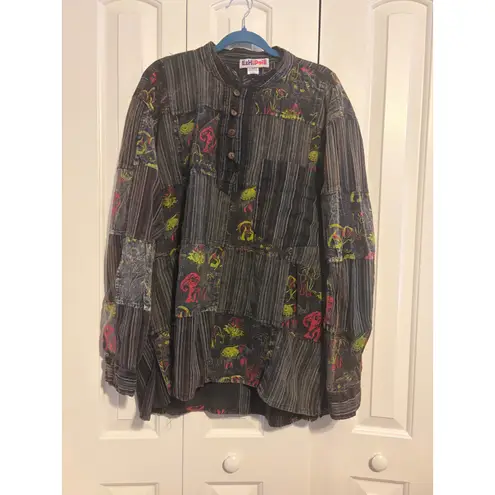 EzHippie Patchwork Elephant Print Tunic Shirt Long Sleeve Button Up XXL Nepal Black