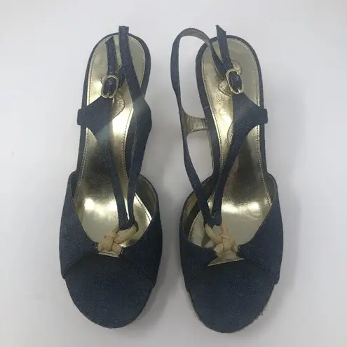 Nina  Denim Strap Wedge Sandals Size 8