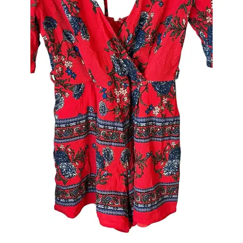 Trixxi  Romper Womens Size S Red Blue Short Sleeve Scoop Neck Zip Back Outfit