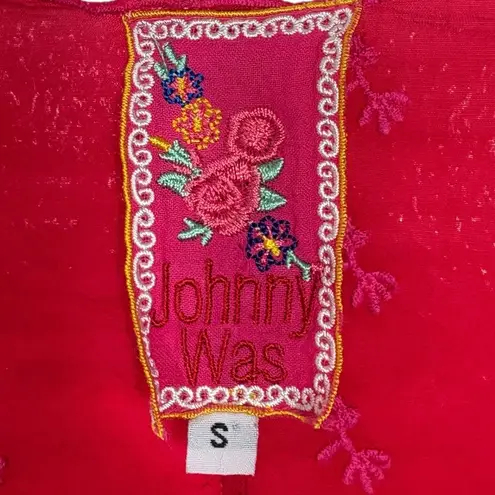 Johnny Was Embroidered Tunic Top Red Pink Lace V Neck 3/4 Sleeve Size S