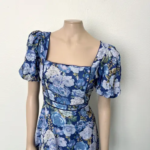 Rachel Parcell [] Blue Floral Puff Sleeve Lace Trim Spring Midi Dress NWT Size 8