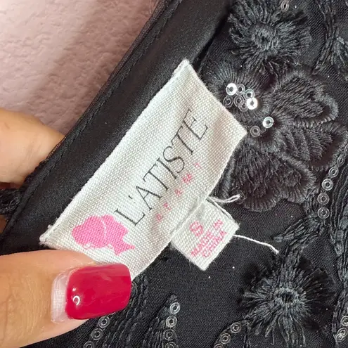 L’ATISE by Amy Black Sequin Lace Mermaid Evening Gown Dress Women’s. Size Small