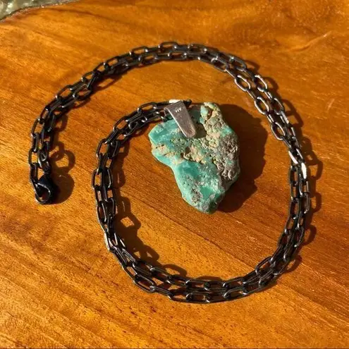 HANDMADE Raw Turquoise Crystal and Silver Pendant Chain Necklace Blue
