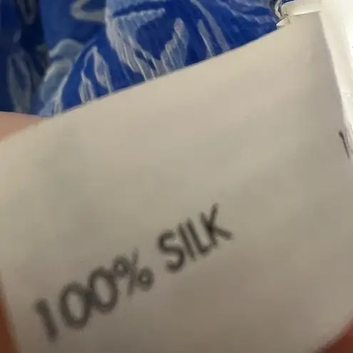 Poupette St Barth 100% Silk Blue Boho Crinkle Tunic Top L Crochet Trim Resort Size L