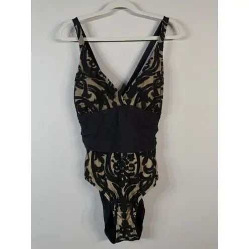 Alex Marie Mysterious Burnout One Piece Swim Suit Beige Black Paisley Women’s 16