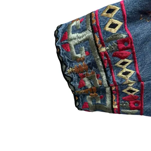 Coldwater Creek Vintage Aztec Embroidered Denim Jacket Snap Closure Size Large
