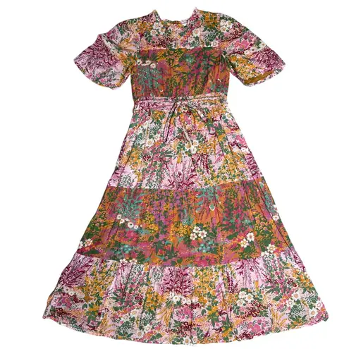 Banjanan Hilary Dress in Loki’s Garden Puffed Sleeve Midi Dress Size Medium Pink