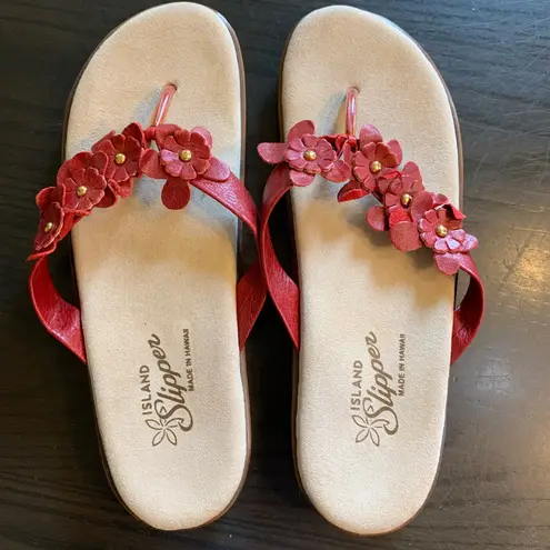 Island Slipper Hawaii Red Leather Flower Thong Sandals Size 10 Hawaiian Casual
