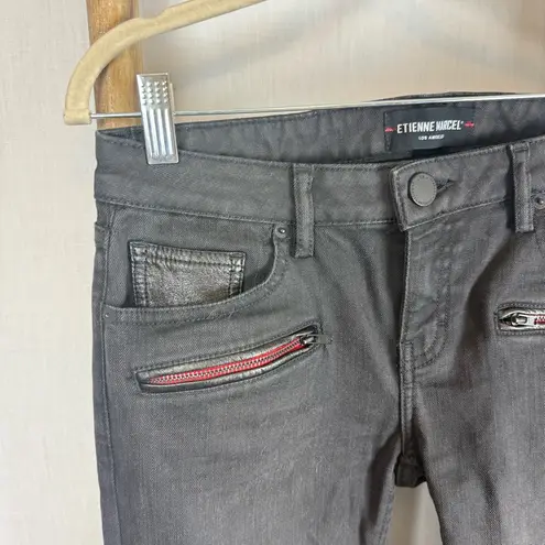 ETIENNE MARCEL Women's 28 Black Coated Moto Skinny Jeans Red Zip Faux Leather