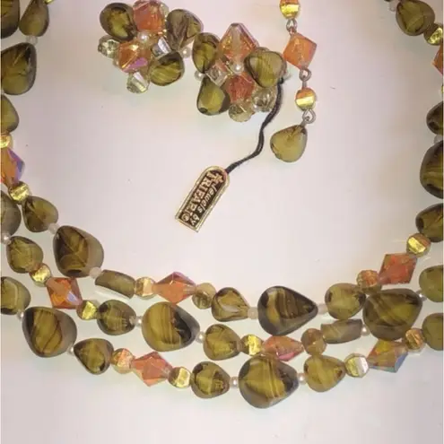 Trifari Jewels by Green & Rainbow Beaded AB Multi Strand Necklace Earrings Set