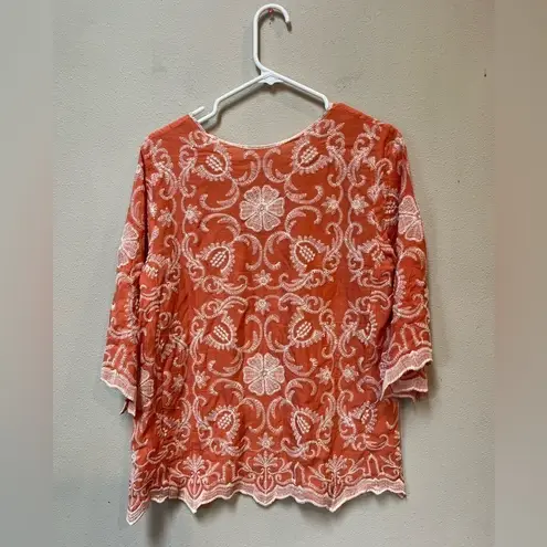 Solitaire Orange Cream Embroidered Boho Floral Top Small