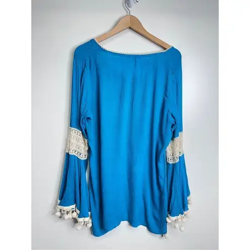 Solitaire  Swim Cover Up Womens Beachy Blue Pompom V Neck Long Sleeve Size Large