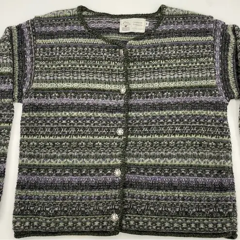 Common Threads Striped Cardigan Sweater Women Wool Cotton Acrylic Green Purple Unique Buttons