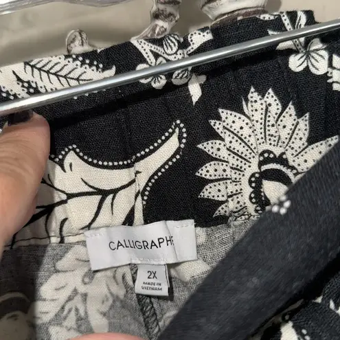 Linen Pants Calligraphie 2x sash belt detail Black White Floral pull on NEW