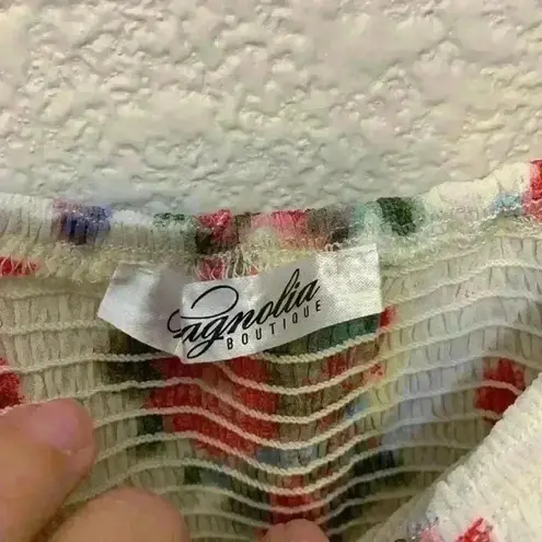 White floral smocked mini dress sz L summer wedding guest bridal shower feminine Size L