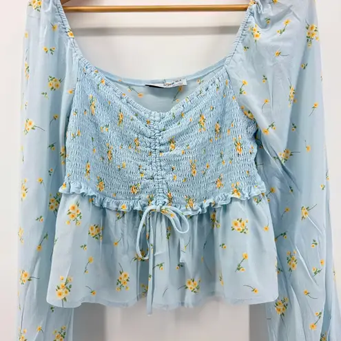 Sophie Rue Floral Long Sleeve Top Smocked Ruffle Tie Light Blue Large Peasant
