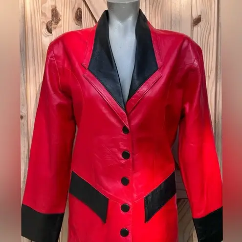 Vintage Retro 80s Raw Basix Red Soft Leather Mid Length Tuxedo Style Jacket~M~